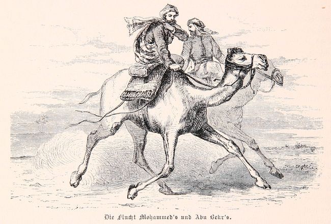 ucieczka z Mekki- obraz, dwie osoby na wielbłądach